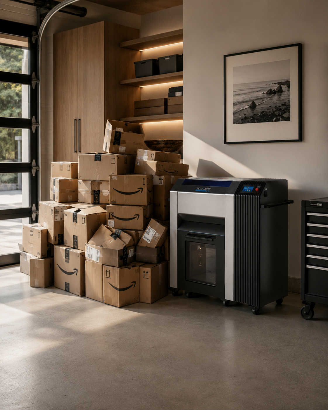 Cardboard Cruncher Lux beside a stack of delivery boxes in a garage