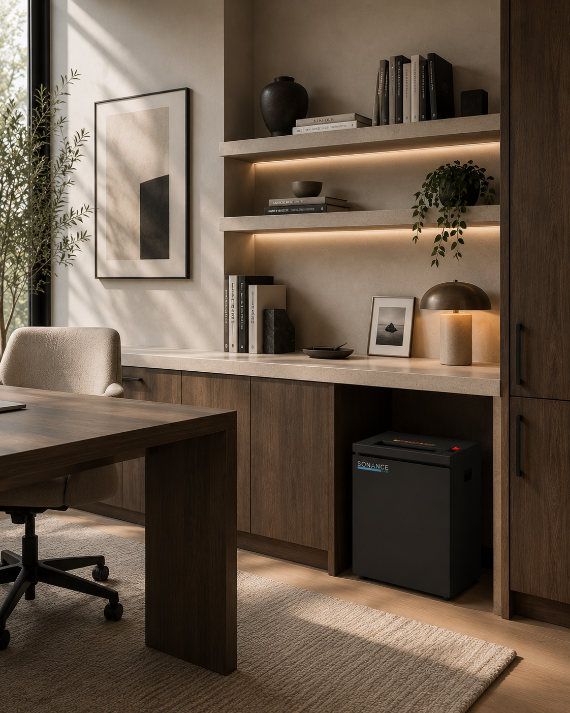 Cardboard Cruncher Mini tucked beneath a built-in home office desk