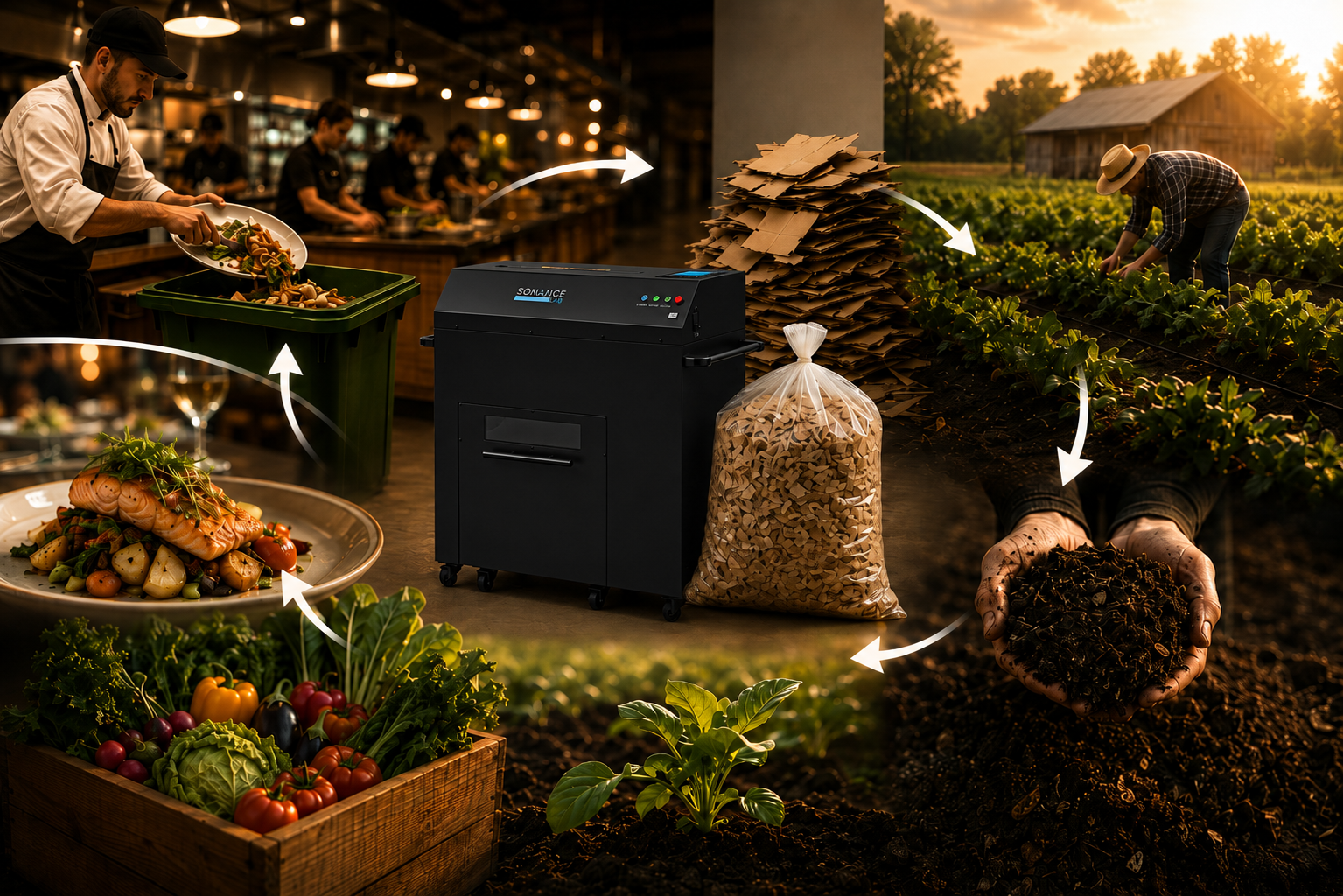 Cardboard chips and food waste being turned into compost
