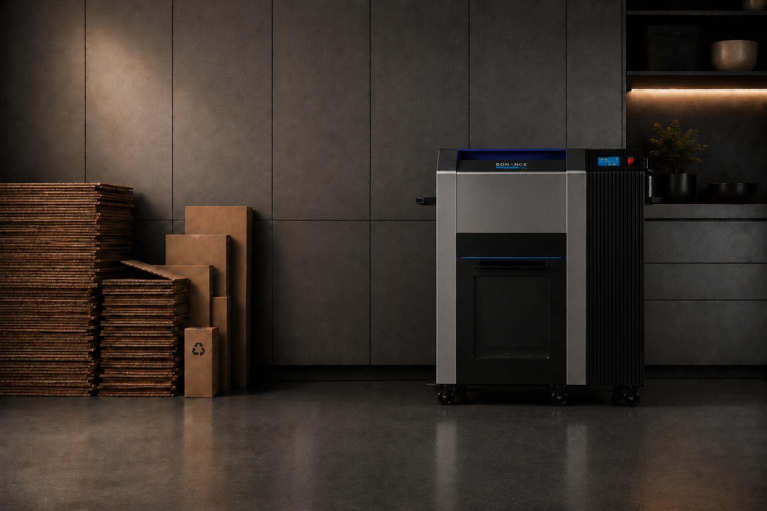 Cardboard Cruncher in a luxury home interior by Sonance Lab