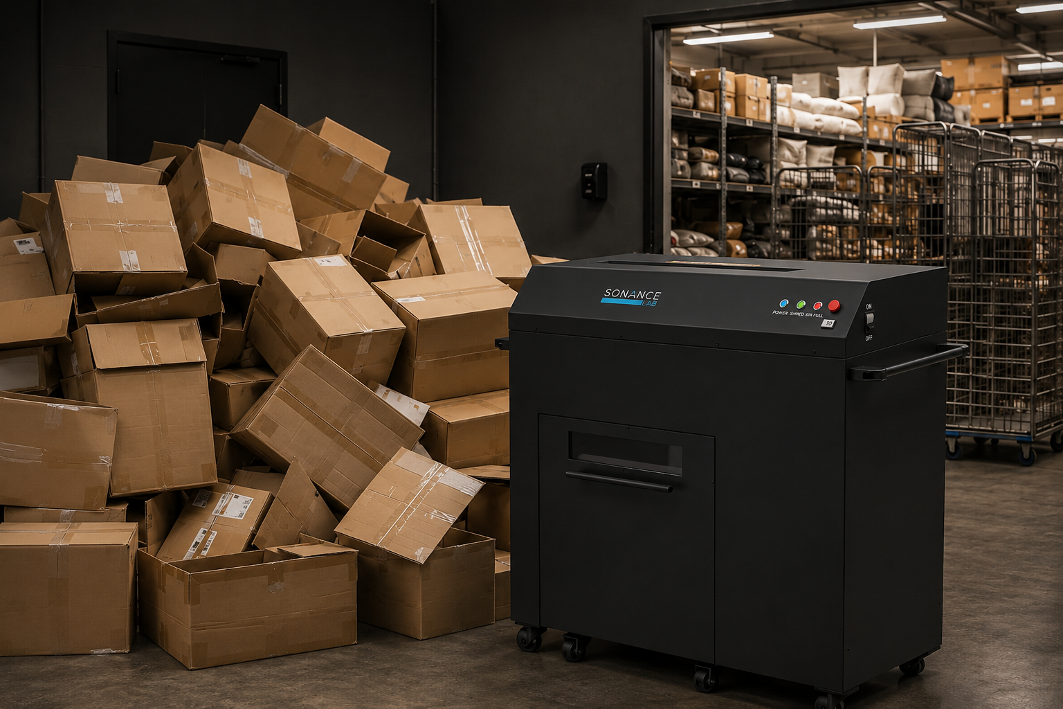 Cardboard Cruncher in a retail backroom with stacked boxes