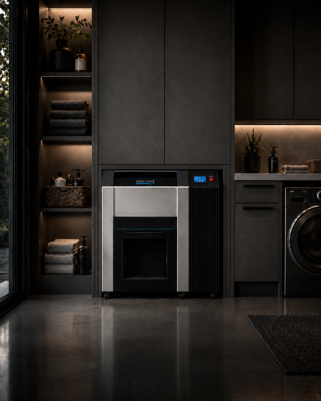Cardboard Cruncher installed in a modern laundry room with cabinet doors closed