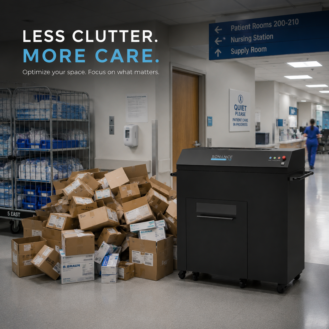 Hospital corridor with overflowing supply cardboard